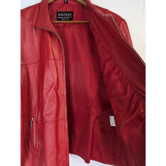 Vtg Red Leather Jacket 90s Y2K Zip Retro Bold Bright Statement Womens Large - Picture 5 of 11
